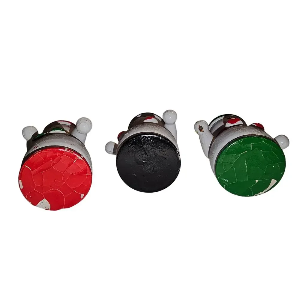 Vintage Set of 3 Hand Painted Wooden Snowman Ornaments Look Red Green Black Hats